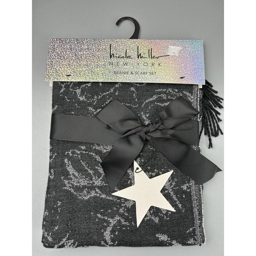 Nicole Miller New York Black and Silver Floral Pattern Scarf